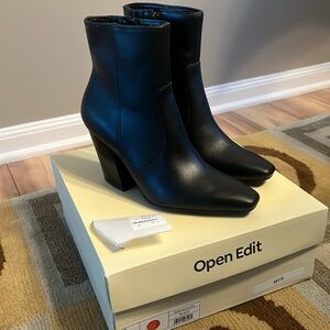 OPEN EDIT ALICIA WOMENS LEATHER BLACK SIZE 7 1/2 BOOTIES BOOTS BLOCK HEEL NWT